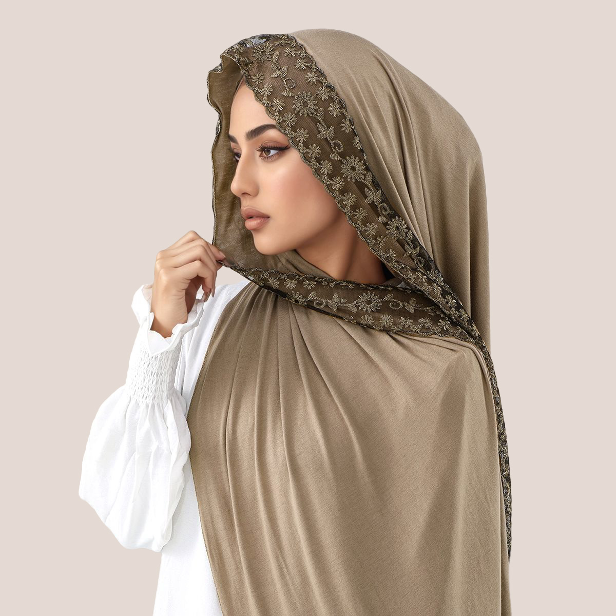 Embroidery Hijab - Lace Embroidery Cotton Jersey Muslim Hijab