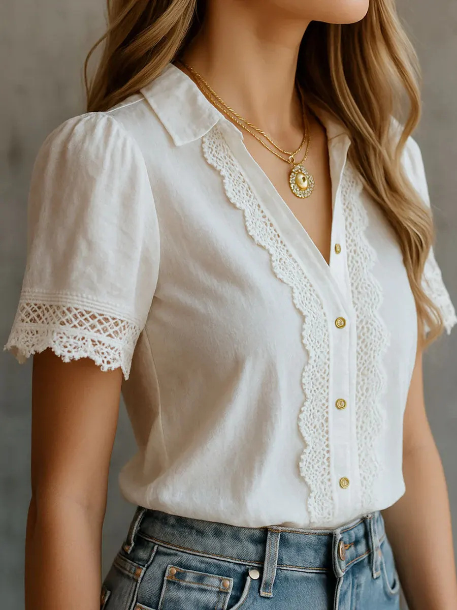 Embroidery Blouse - Elegant Women's Shirts Casual Solid Color