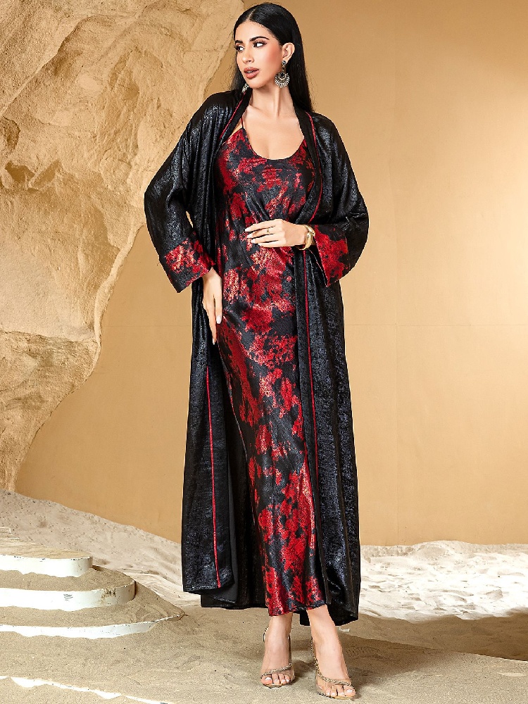 Embroidery Kebaya - Black Red Open Kimono Abaya Damen