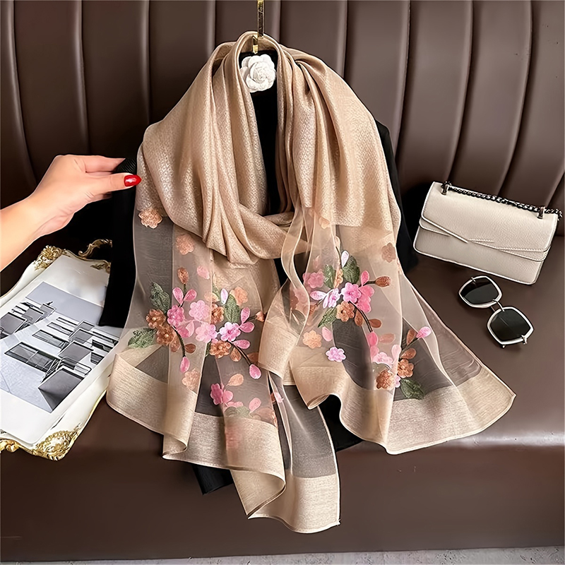 Embroidery Hijab - Women Silk Wool Scarf Floral Embroidery