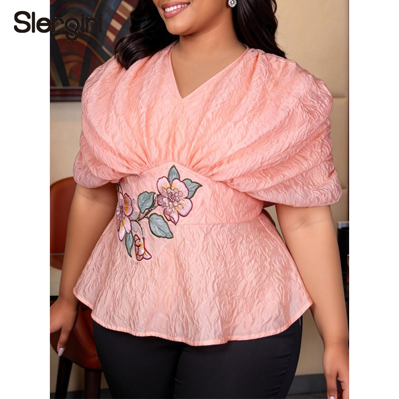 Embroidery Blouse - Slergiri Plus Size Floral Embroidery V-neck