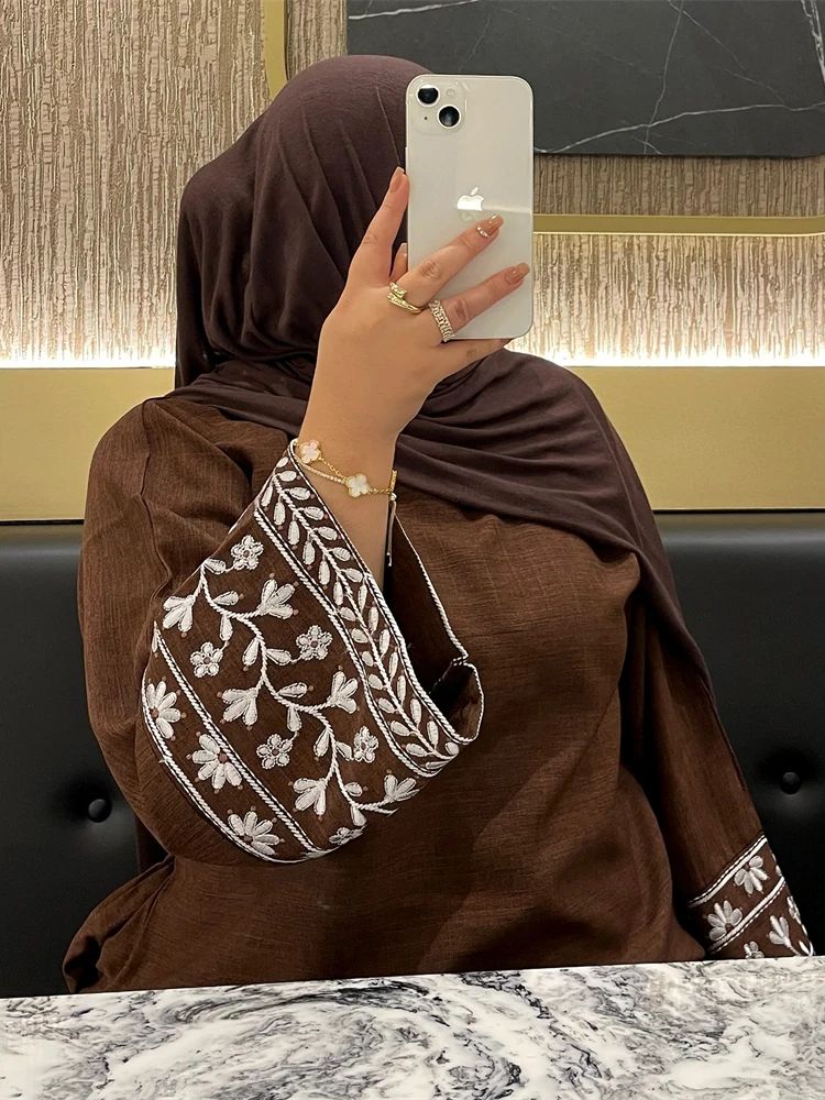 Embroidery Kebaya - Linen Flower Embroidered Abaya 2024 Luxury