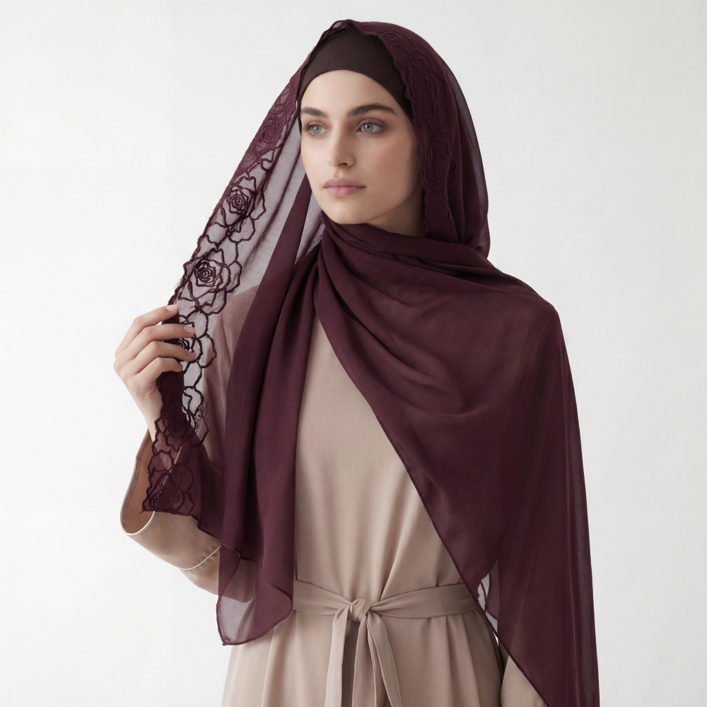 Embroidery Hijab - Purple Chiffon Hijab Shawls Women Embroidery