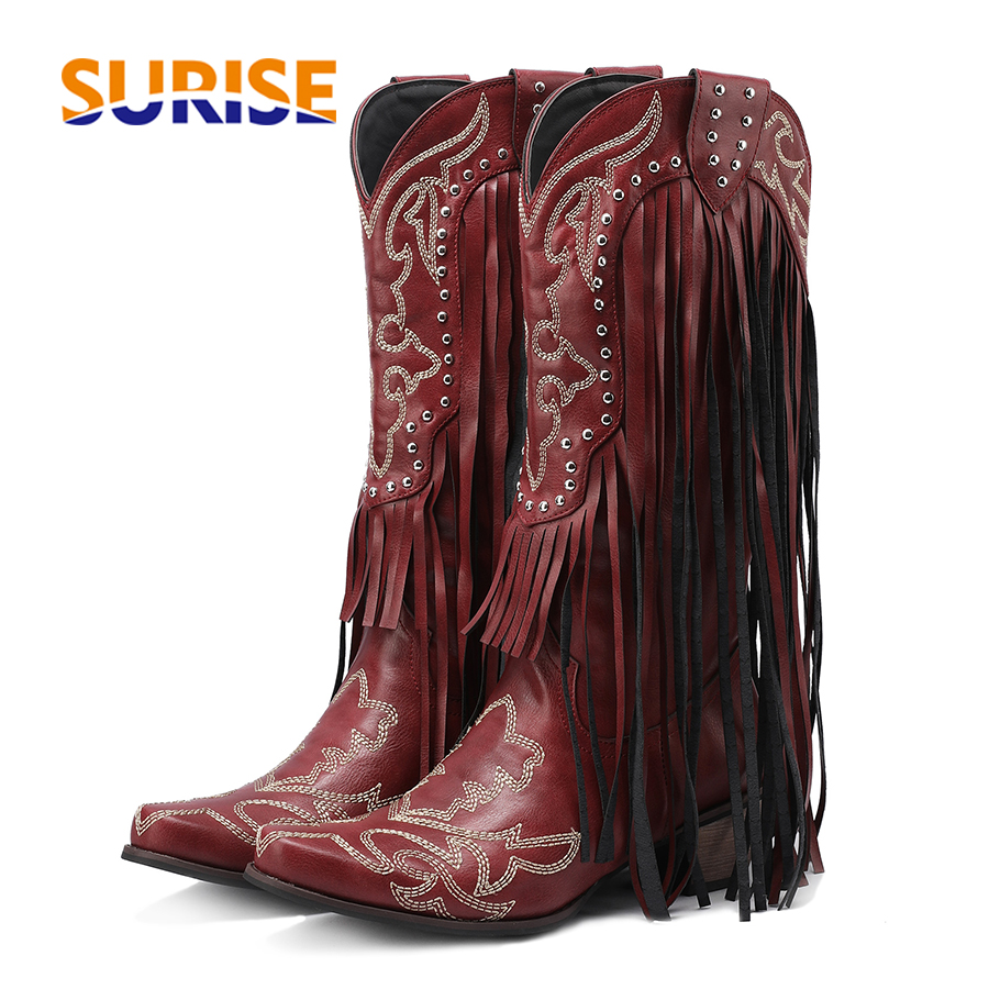 Western Cowboy Mid-calf Boots  - Embroidery Red review and price