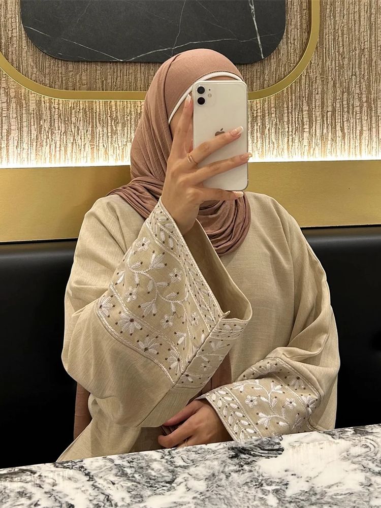 Linen Flower Embroidered Abaya - Embroidery Kebaya review and price